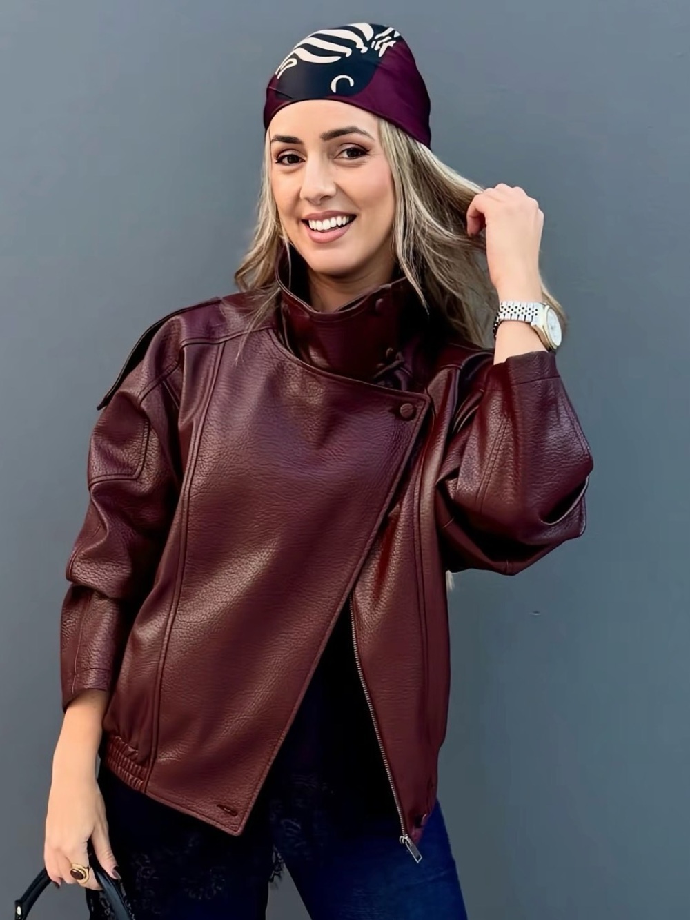 Women's Burgundy Faux Leather Asymmetrical Jacket